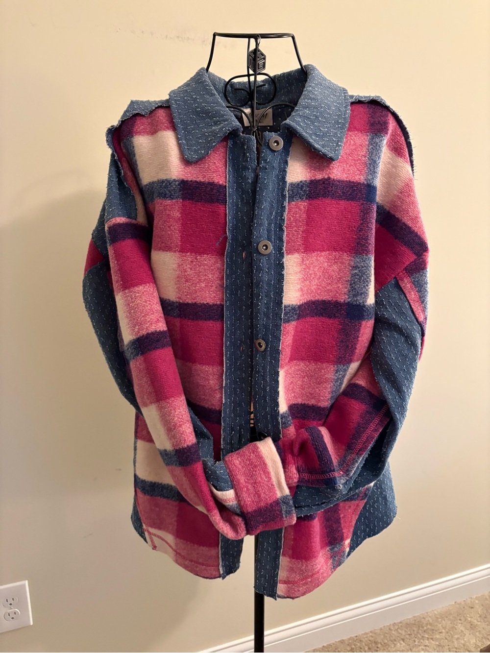 Women's Magenta Plaid Button-Front Jacket with Denim Trim - Picture 3 of 4
